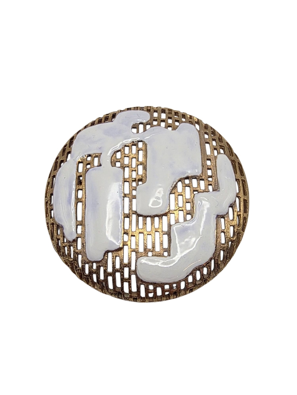 Vintage Corocraft White Enamel Gold Tone Round Mesh Brooch Pin Modernist 2"